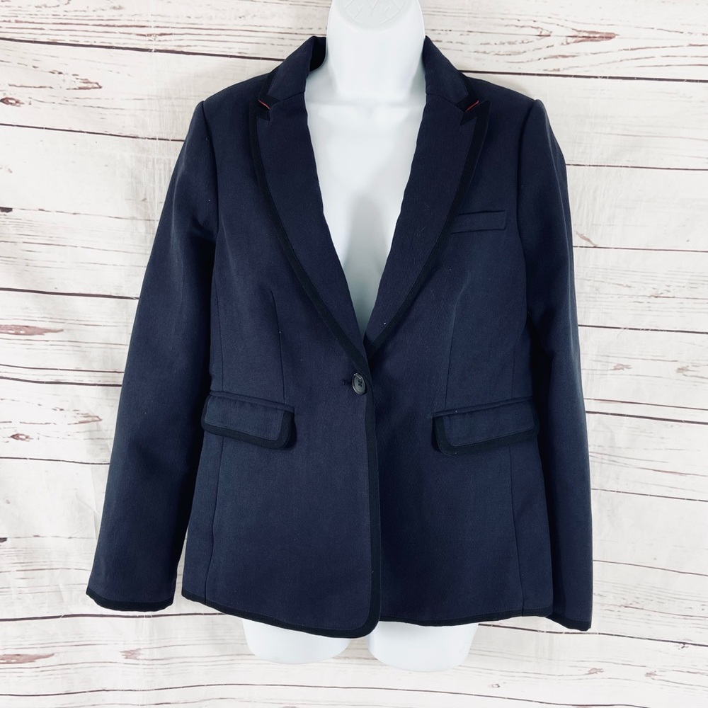 Boden Women's Blazer Jacket Petite Women’s 6P Blue Wool Blend Long Sleeves.